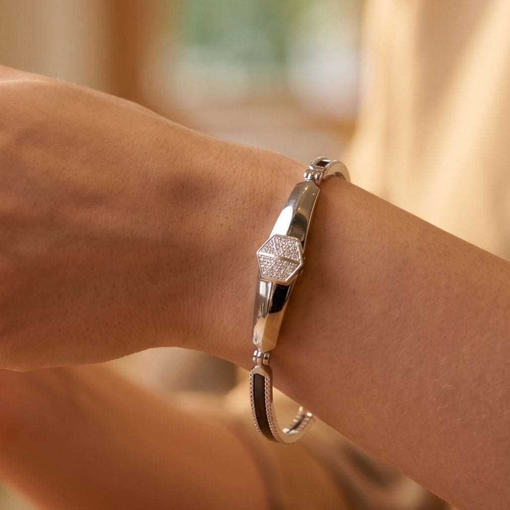 Silver Hexagon Pave ID Bar Double Band Bangle