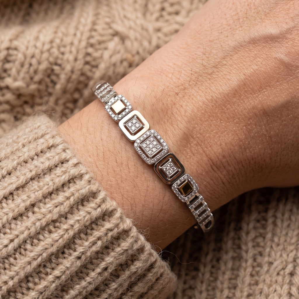 Silver Mother of Pearl Square Halo Station Bracelet