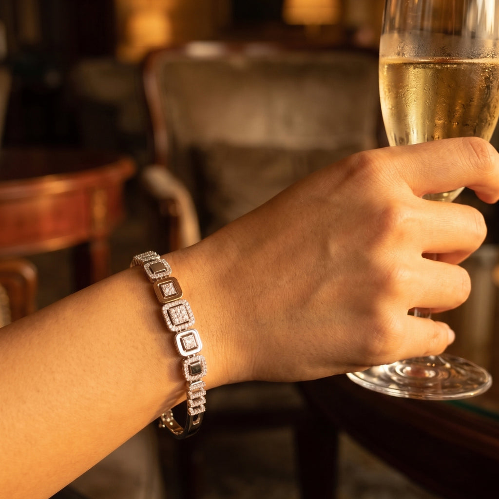 Silver Mother of Pearl Square Halo Station Bracelet