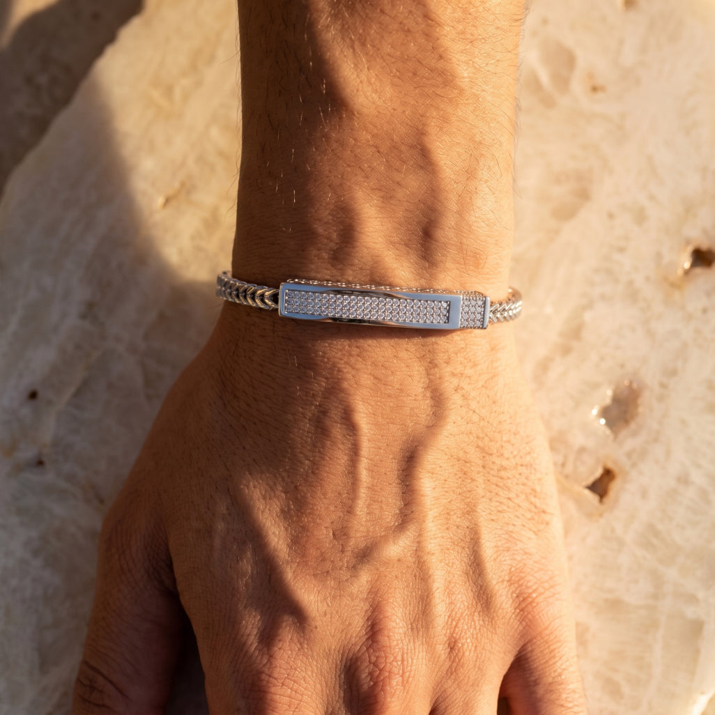 Double Franco Chain Pave Bar Bracelet 925 Sterling Silver