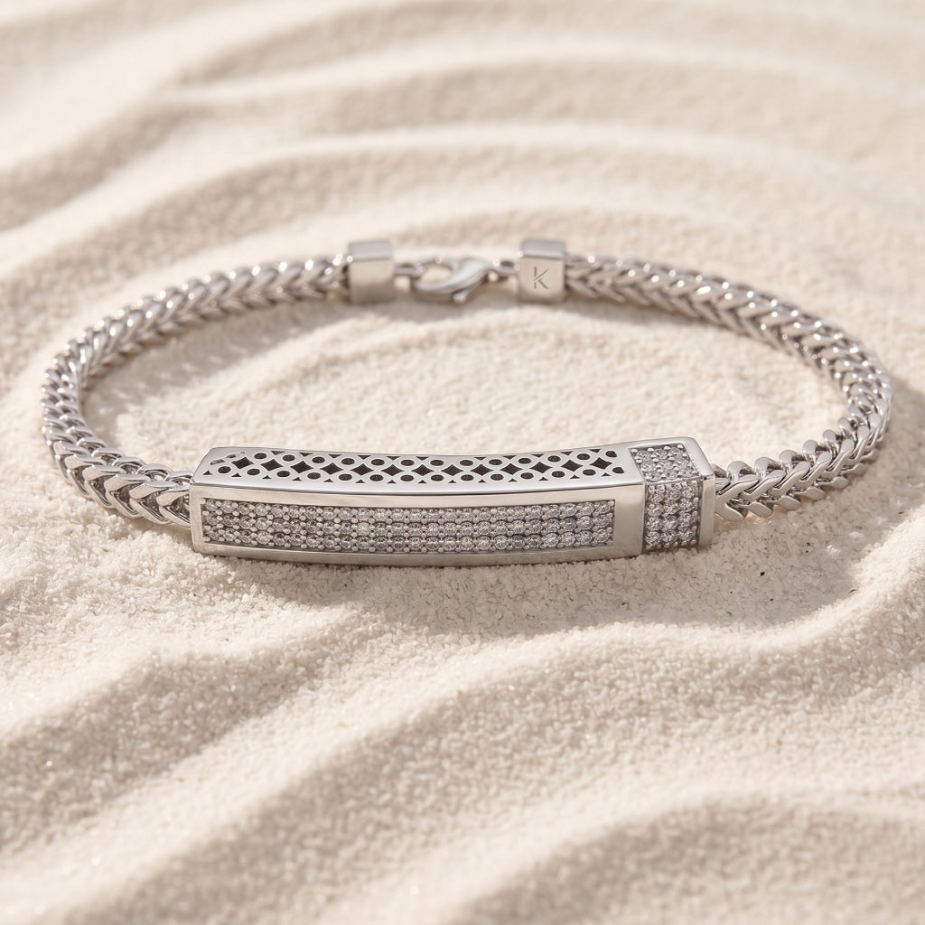 Double Franco Chain Pave Bar Bracelet 925 Sterling Silver