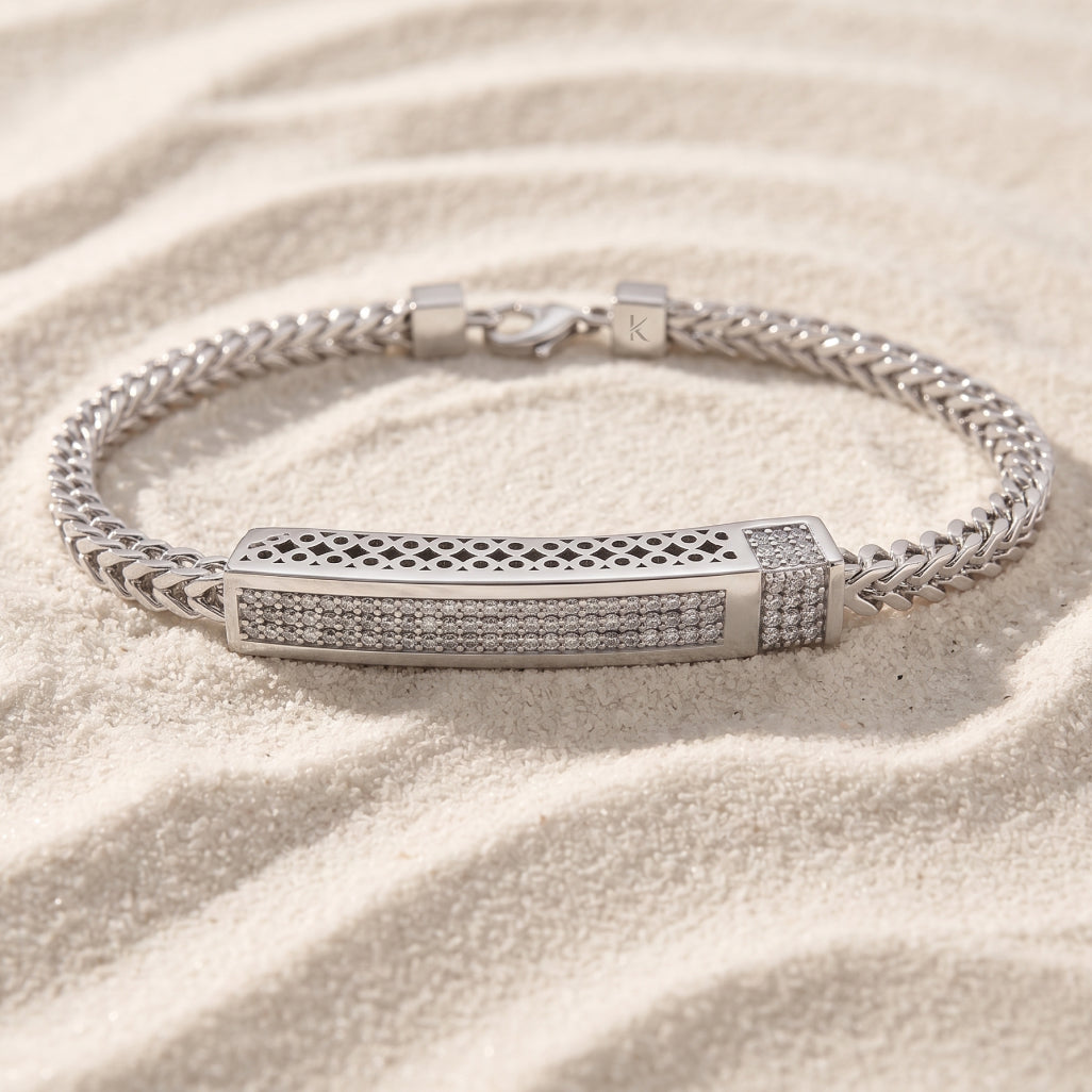 Double Franco Chain Pave Bar Bracelet 925 Sterling Silver