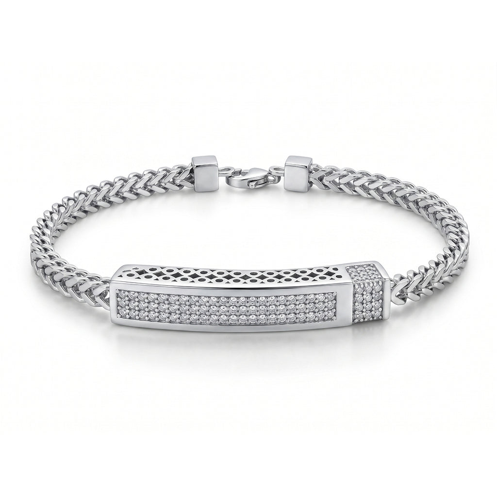 Double Franco Chain Pave Bar Bracelet 925 Sterling Silver