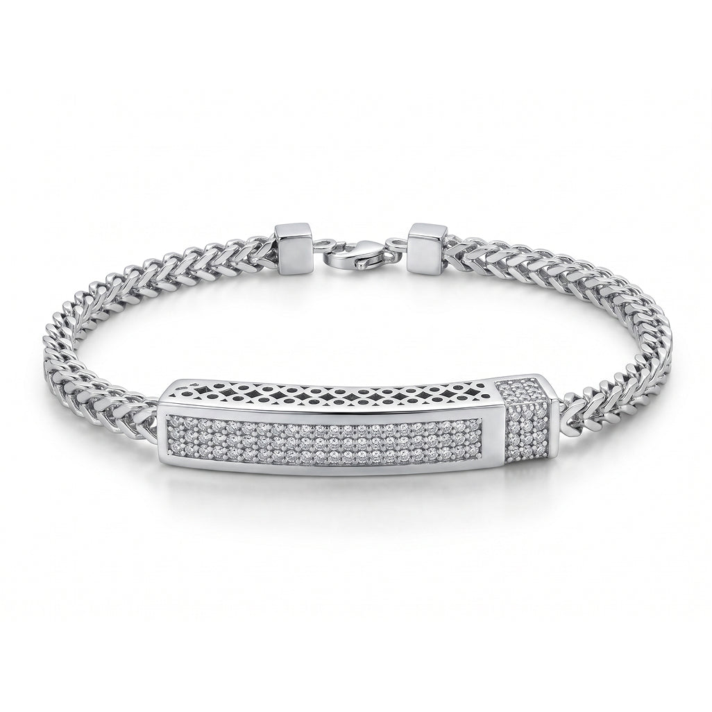 Double Franco Chain Pave Bar Bracelet 925 Sterling Silver