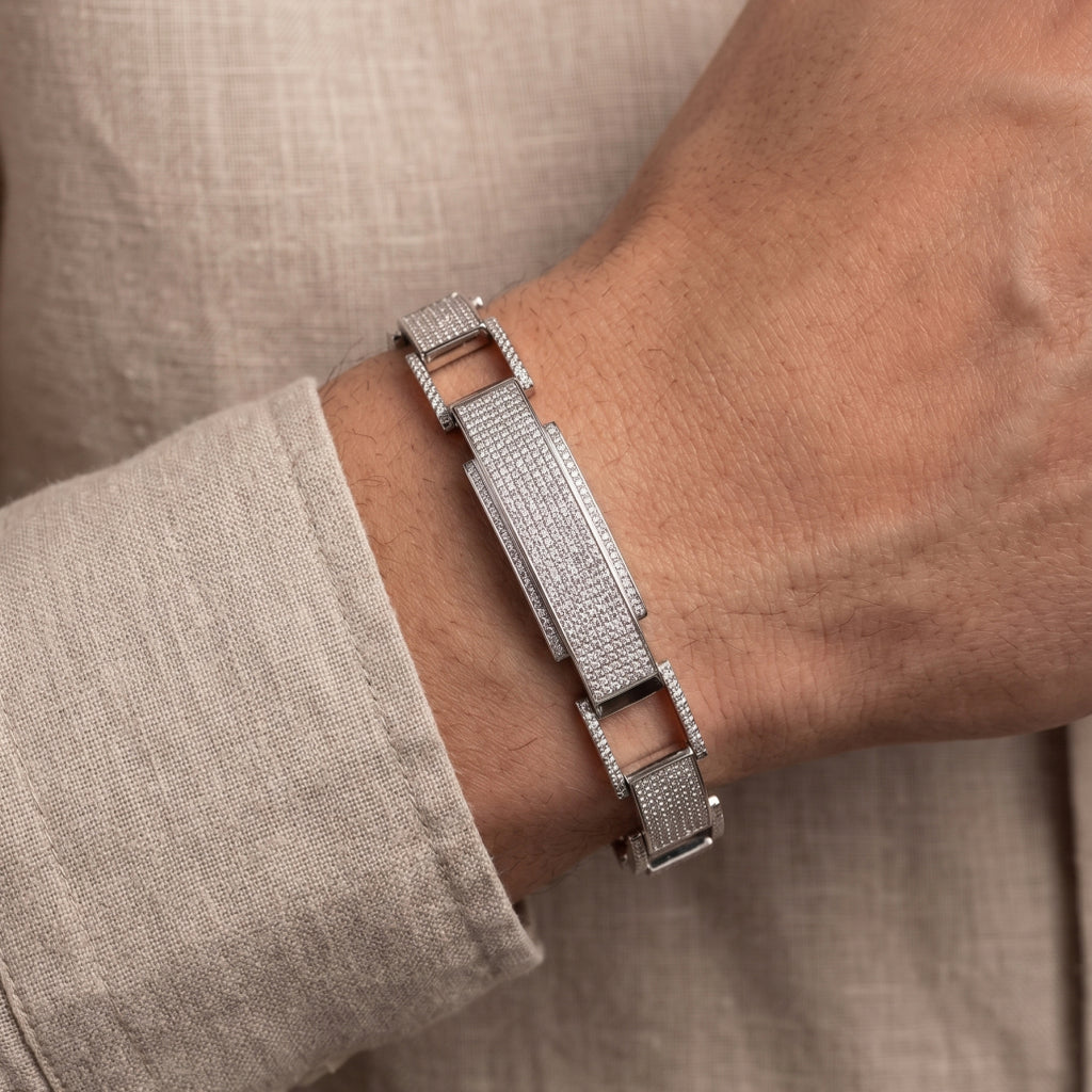 Open Cuff Pave Plate Link Bracelet 925 Sterling Silver