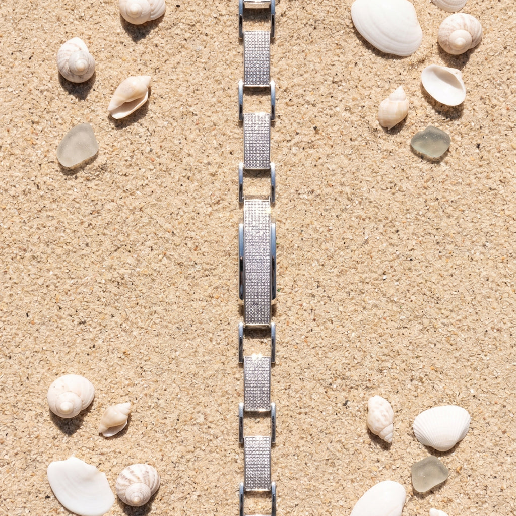 Open Cuff Pave Plate Link Bracelet 925 Sterling Silver