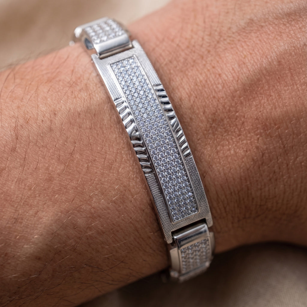 Pyramid Stud Pave Centre Link Bracelet 925 Sterling Silver