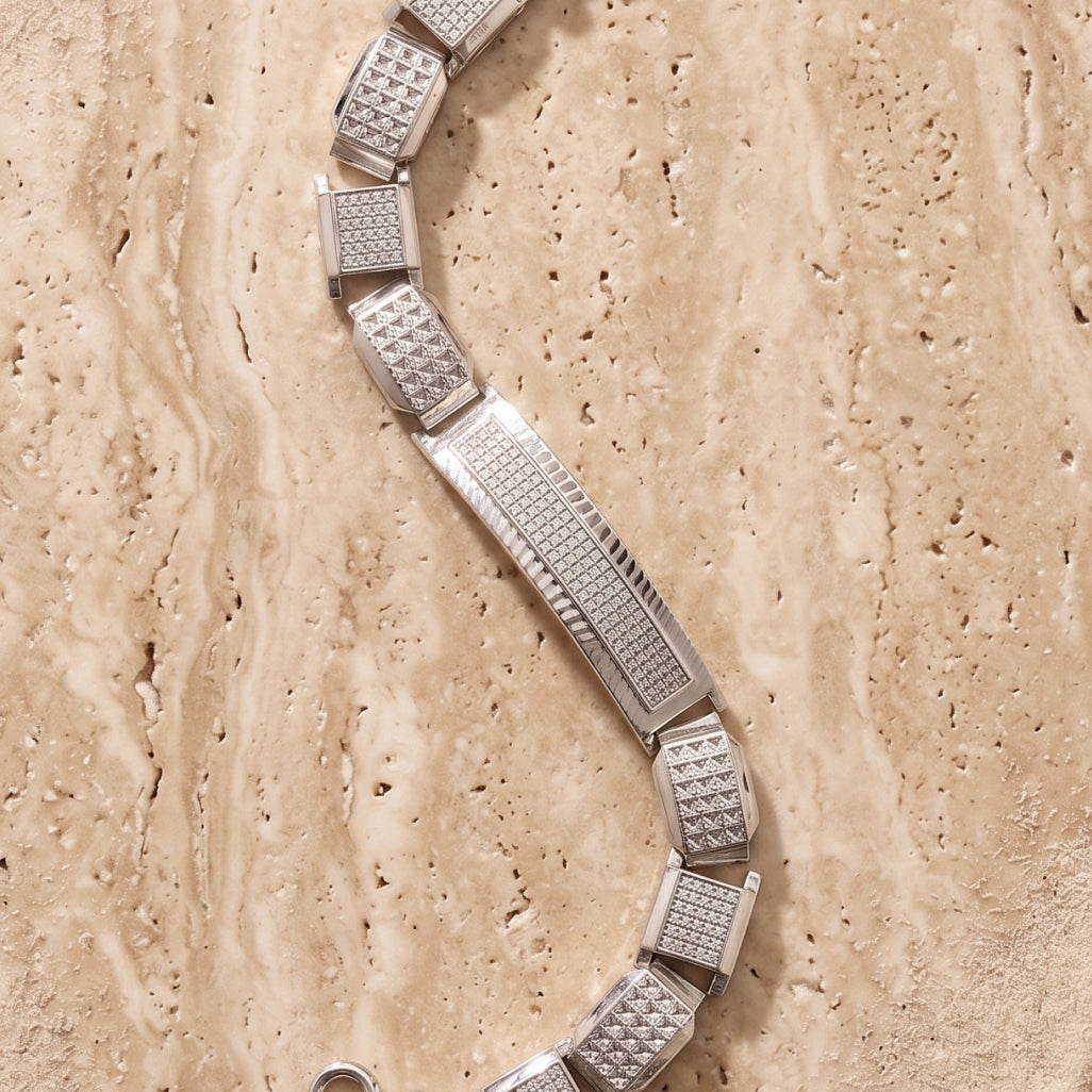 Pyramid Stud Pave Centre Link Bracelet 925 Sterling Silver