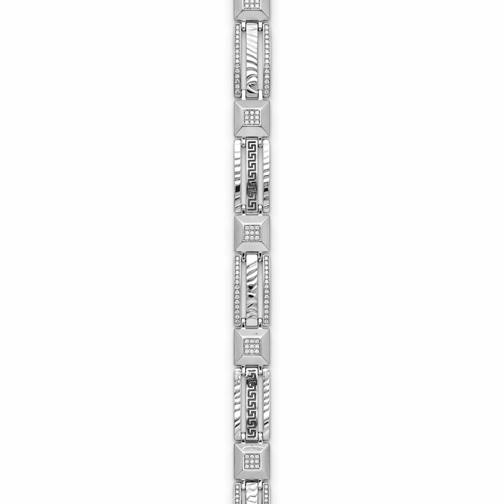Greek Key Cable Pave Link Bracelet 925 Sterling Silver