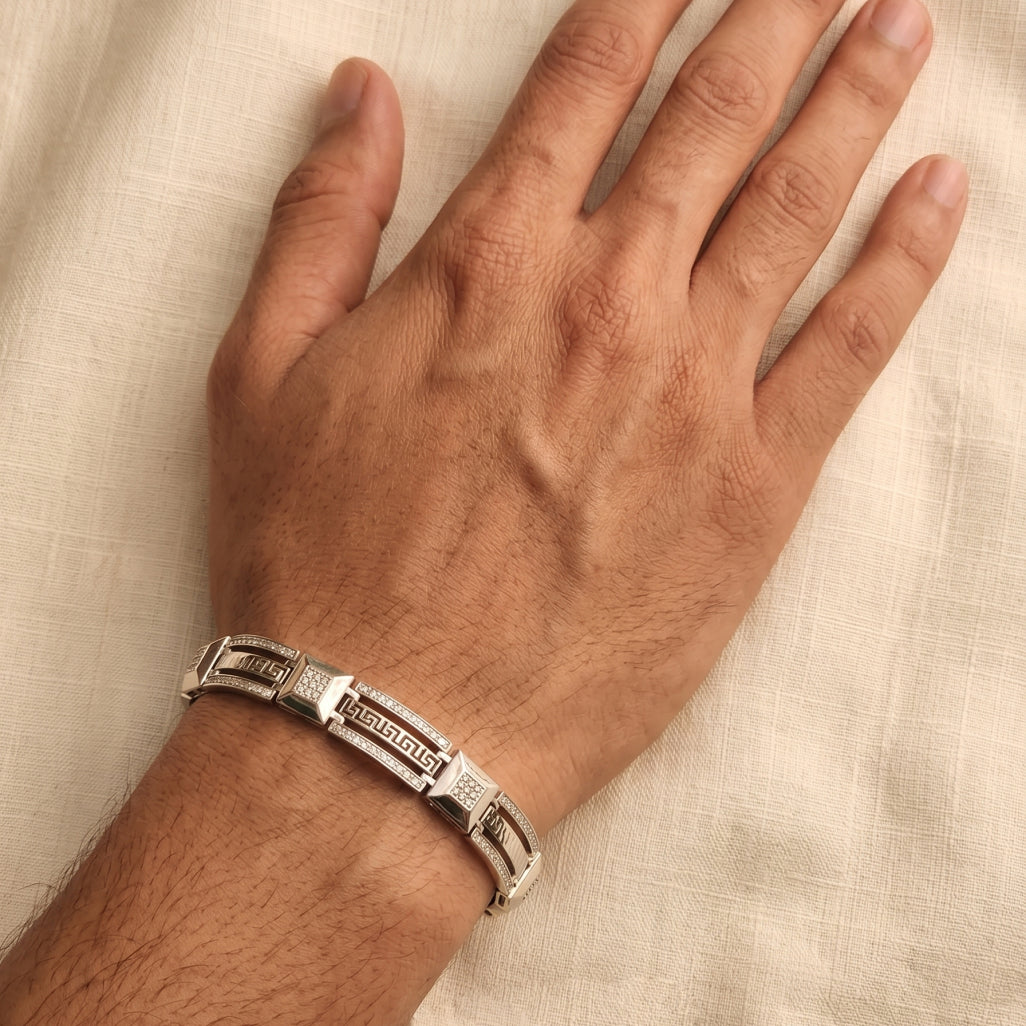 Greek Key Cable Pave Link Bracelet 925 Sterling Silver
