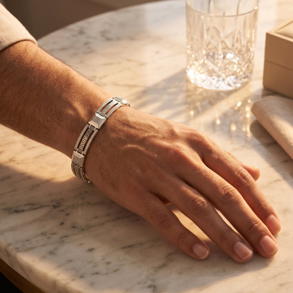 Greek Key Cable Pave Link Bracelet 925 Sterling Silver