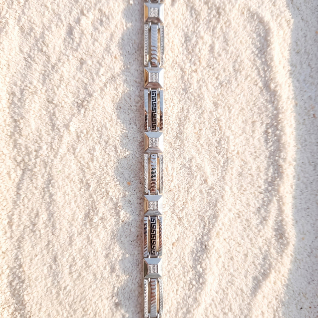 Greek Key Cable Pave Link Bracelet 925 Sterling Silver