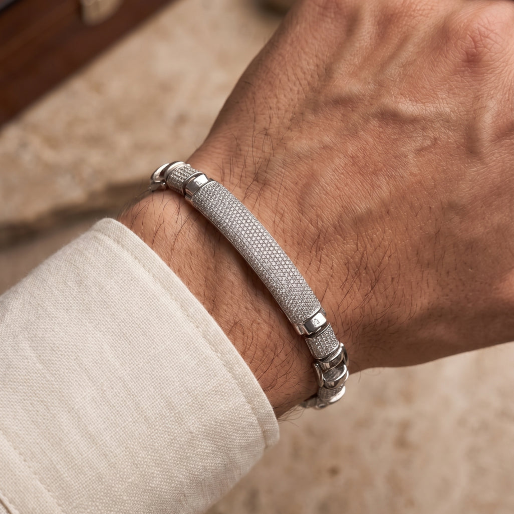 Centre Pave ID Block Link Bracelet 925 Sterling Silver