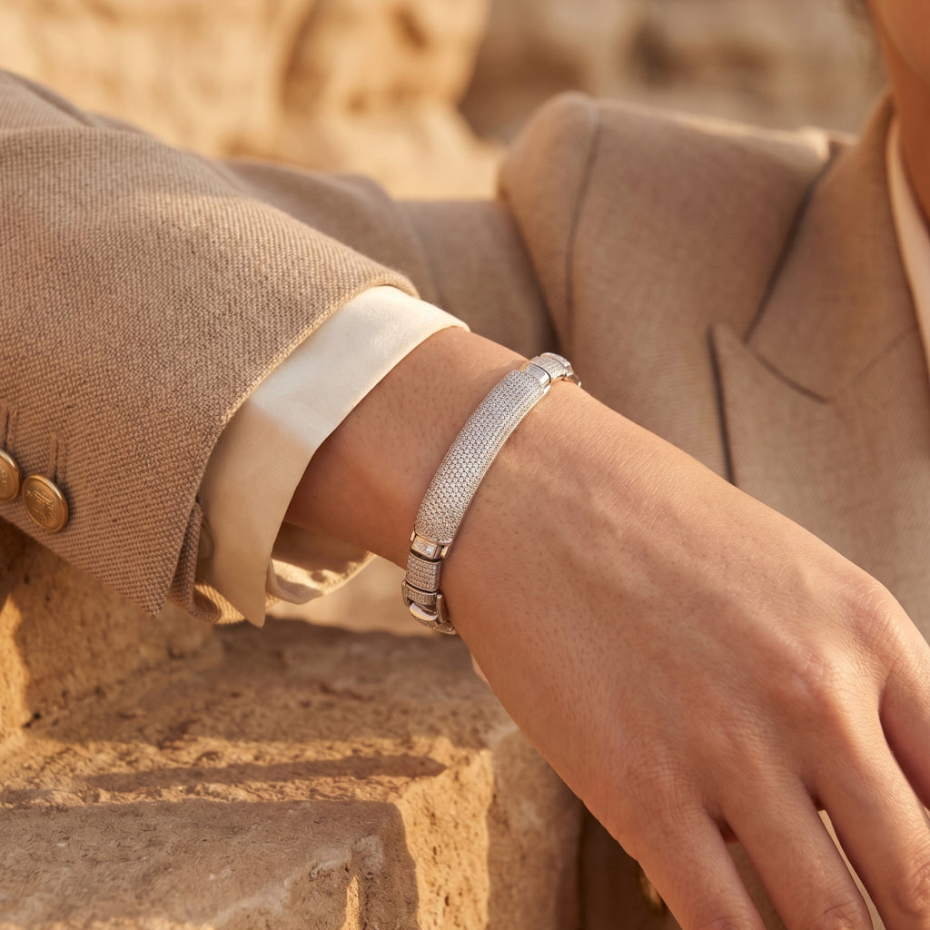 Centre Pave ID Block Link Bracelet 925 Sterling Silver