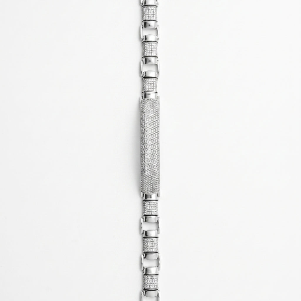 Centre Pave ID Block Link Bracelet 925 Sterling Silver