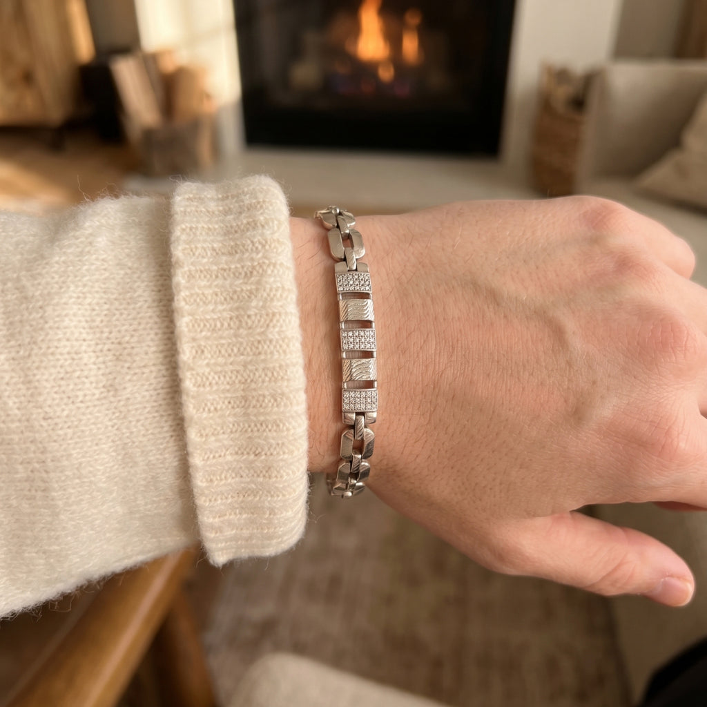 Box Chain Pave Cube Bracelet 925 Sterling Silver