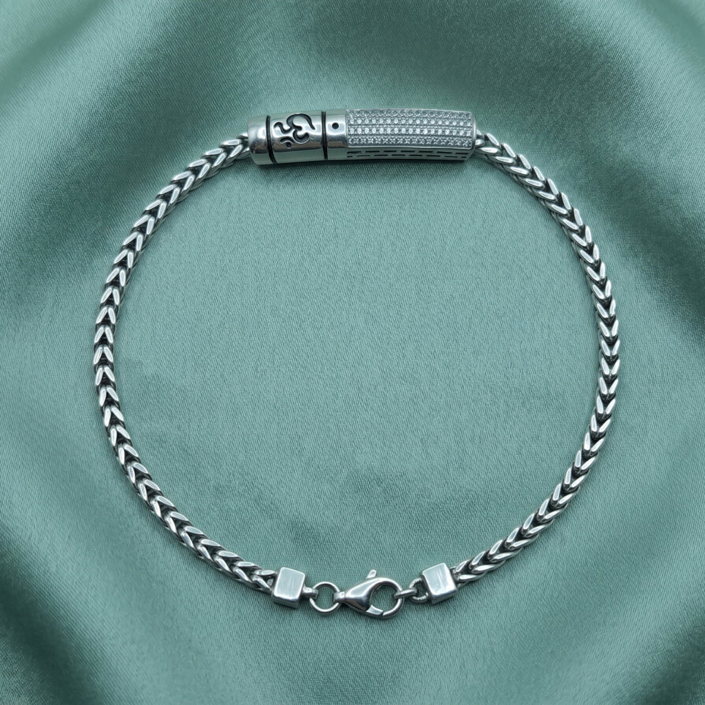 OM Pave Charm Franco Bracelet 925 Sterling Silver