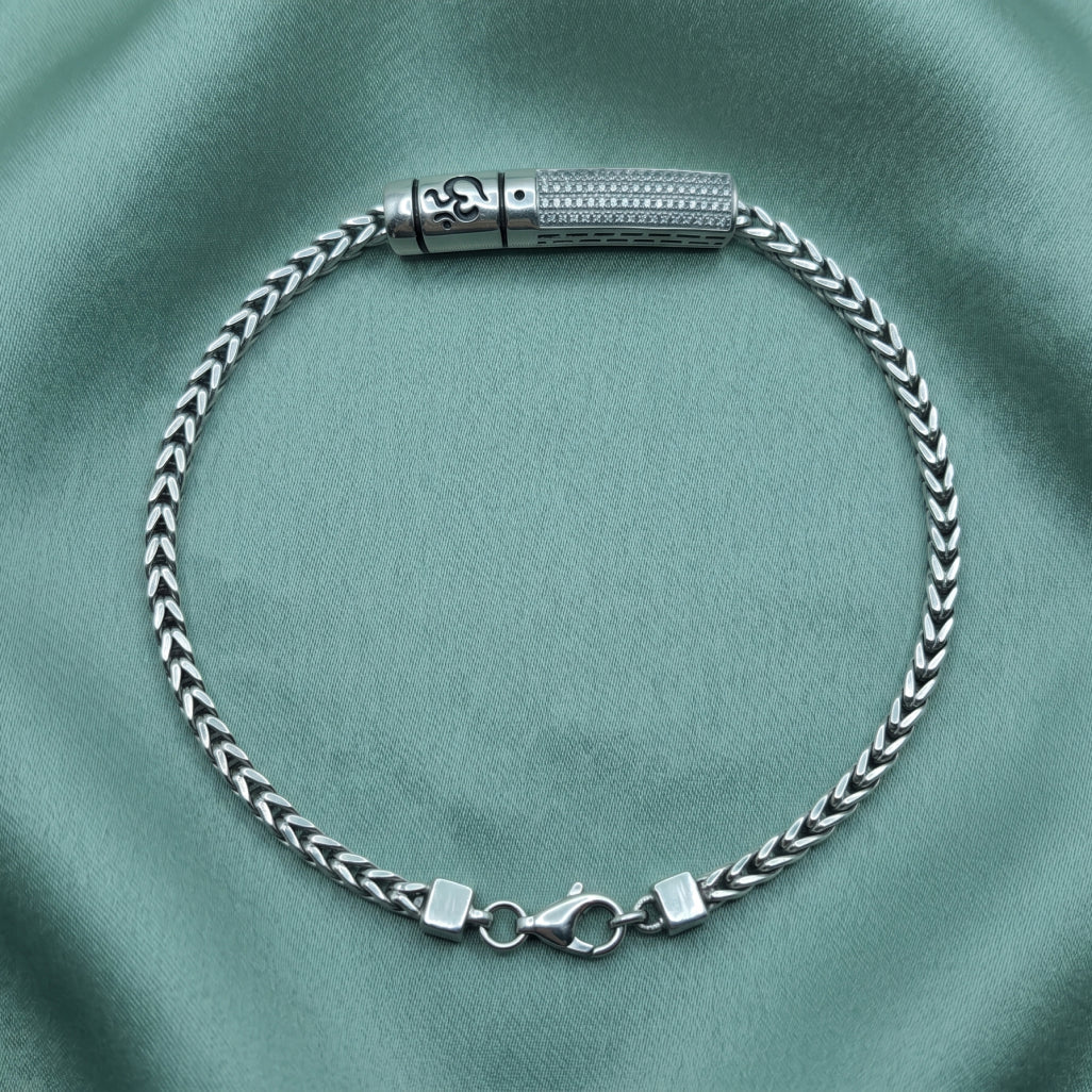 OM Pave Charm Franco Bracelet 925 Sterling Silver