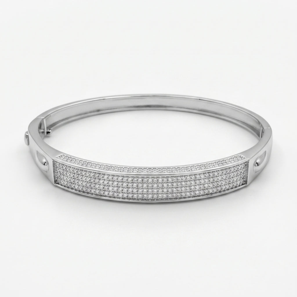 Pave Plaque Hinged Bangle 925 Sterling Silver