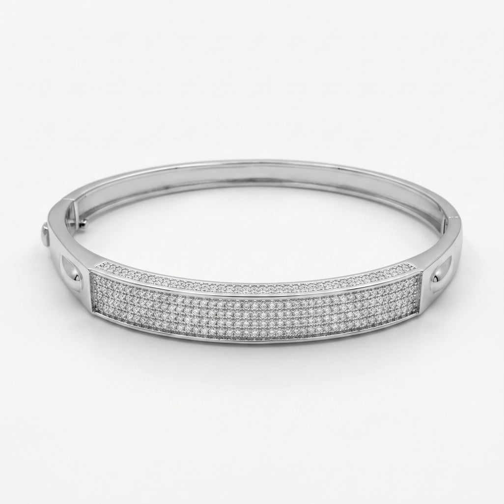 Pave Plaque Hinged Bangle 925 Sterling Silver
