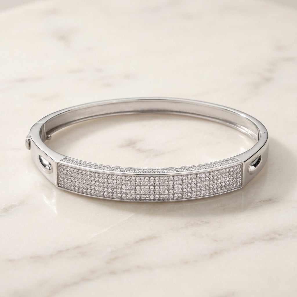 Pave Plaque Hinged Bangle 925 Sterling Silver