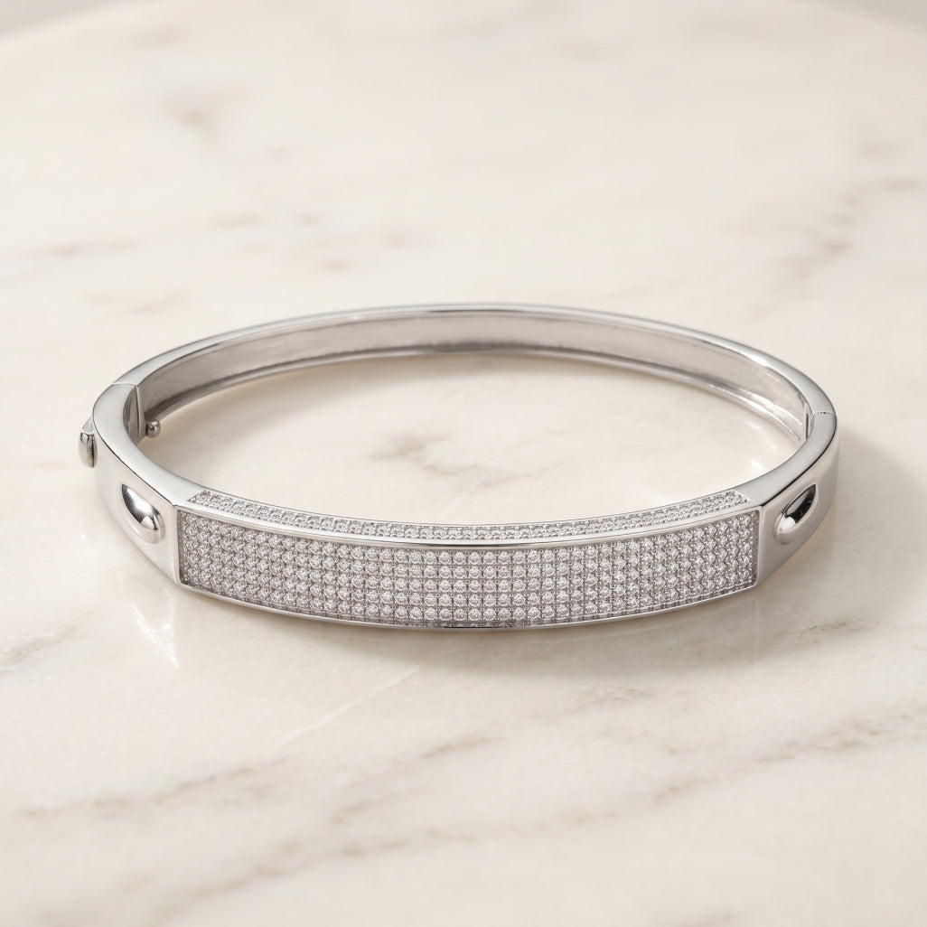 Pave Plaque Hinged Bangle 925 Sterling Silver