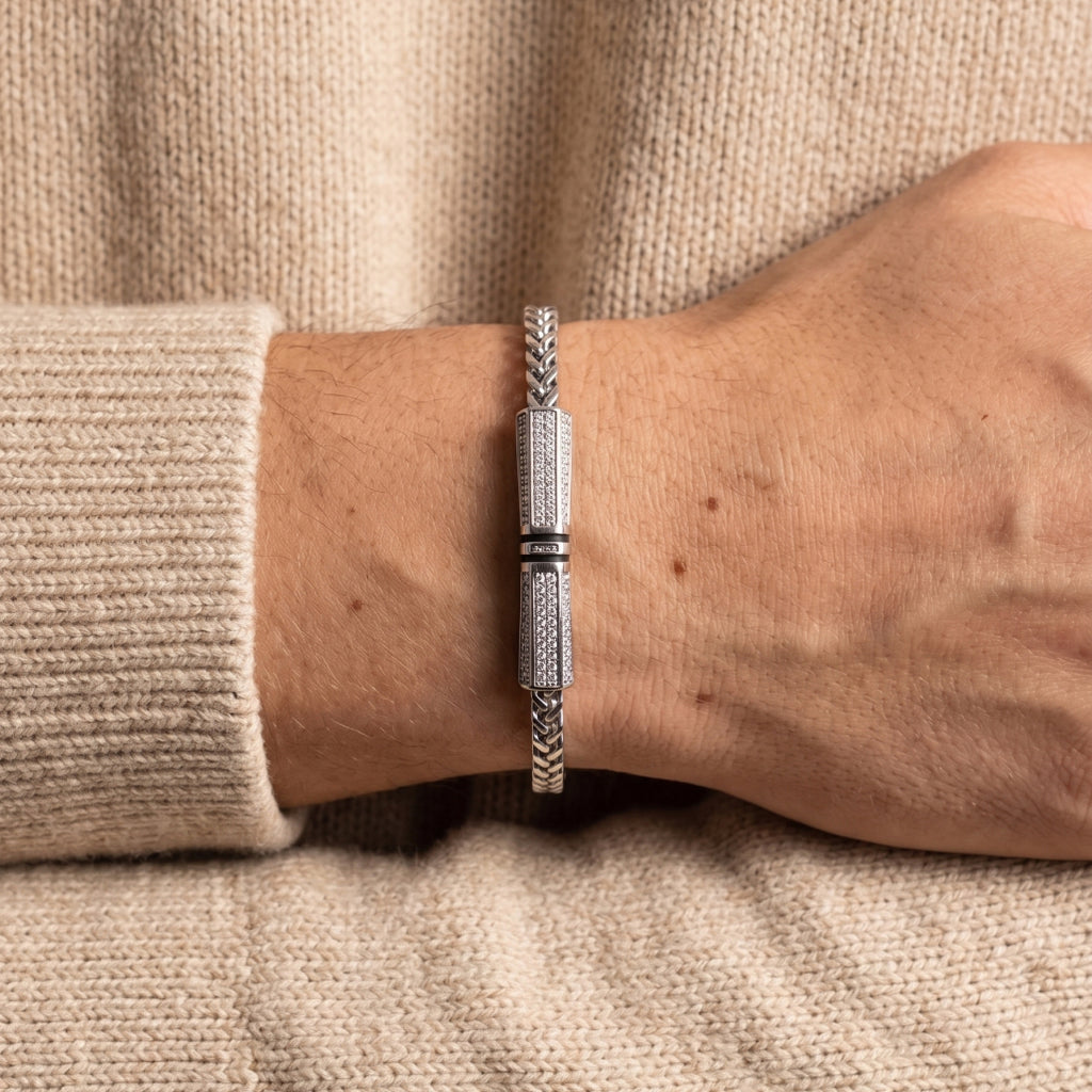 Franco Chain Pave Barrel Bracelet 925 Sterling Silver
