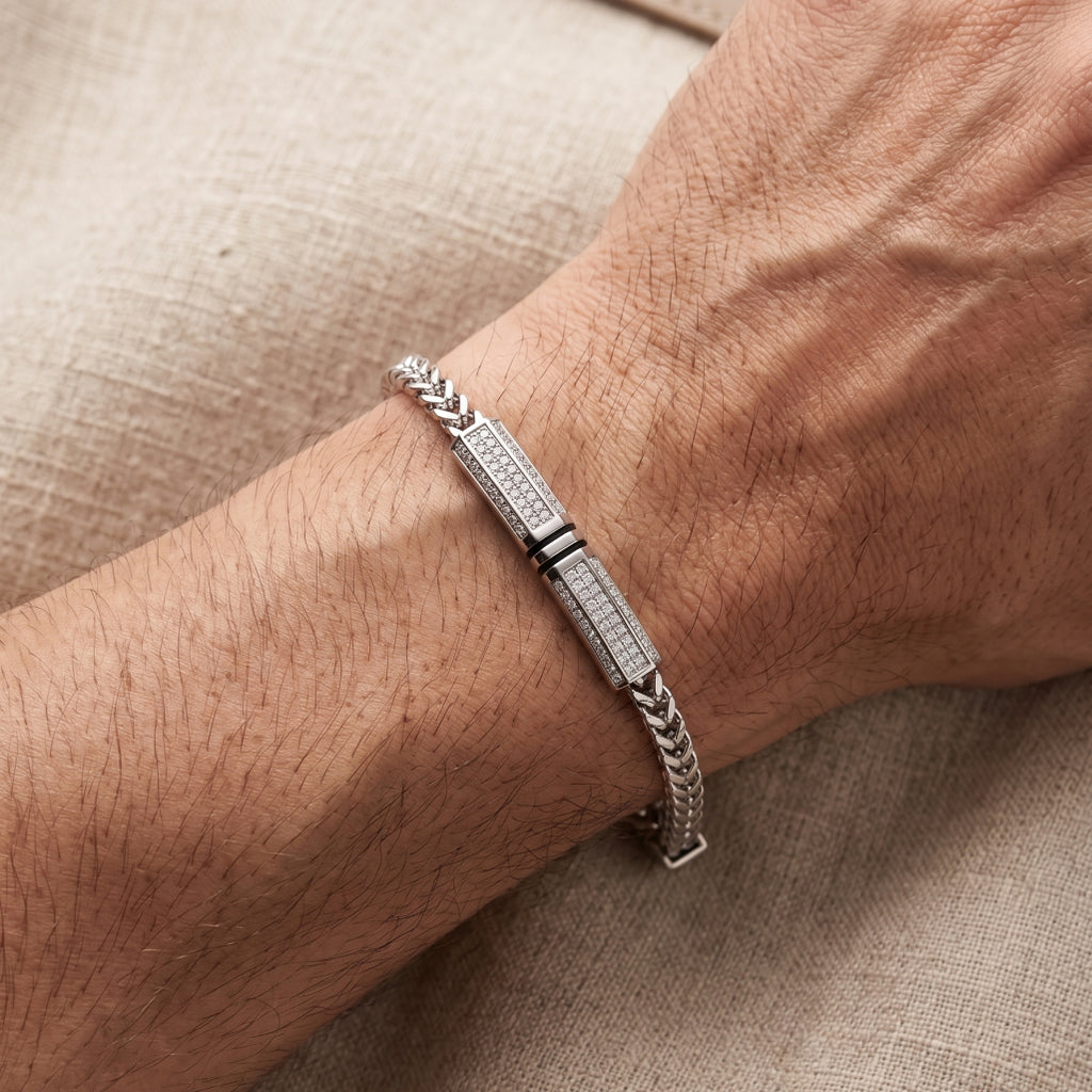 Franco Chain Pave Barrel Bracelet 925 Sterling Silver