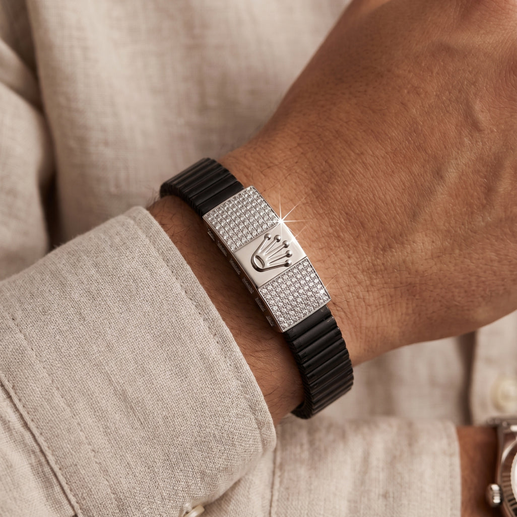 Crown Emblem Pave Ceramic Bracelet 925 Sterling Silver