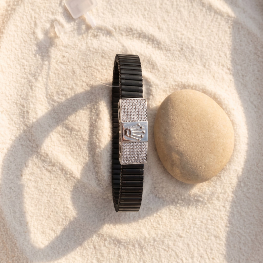 Crown Emblem Pave Ceramic Bracelet 925 Sterling Silver