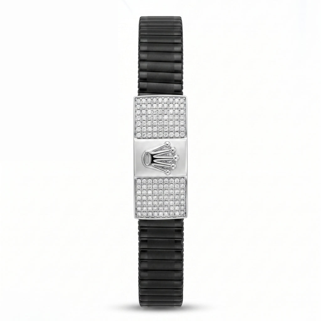 Crown Emblem Pave Ceramic Bracelet 925 Sterling Silver