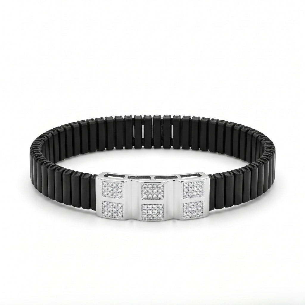 Six Square Pave Ceramic Bracelet 925 Sterling Silver