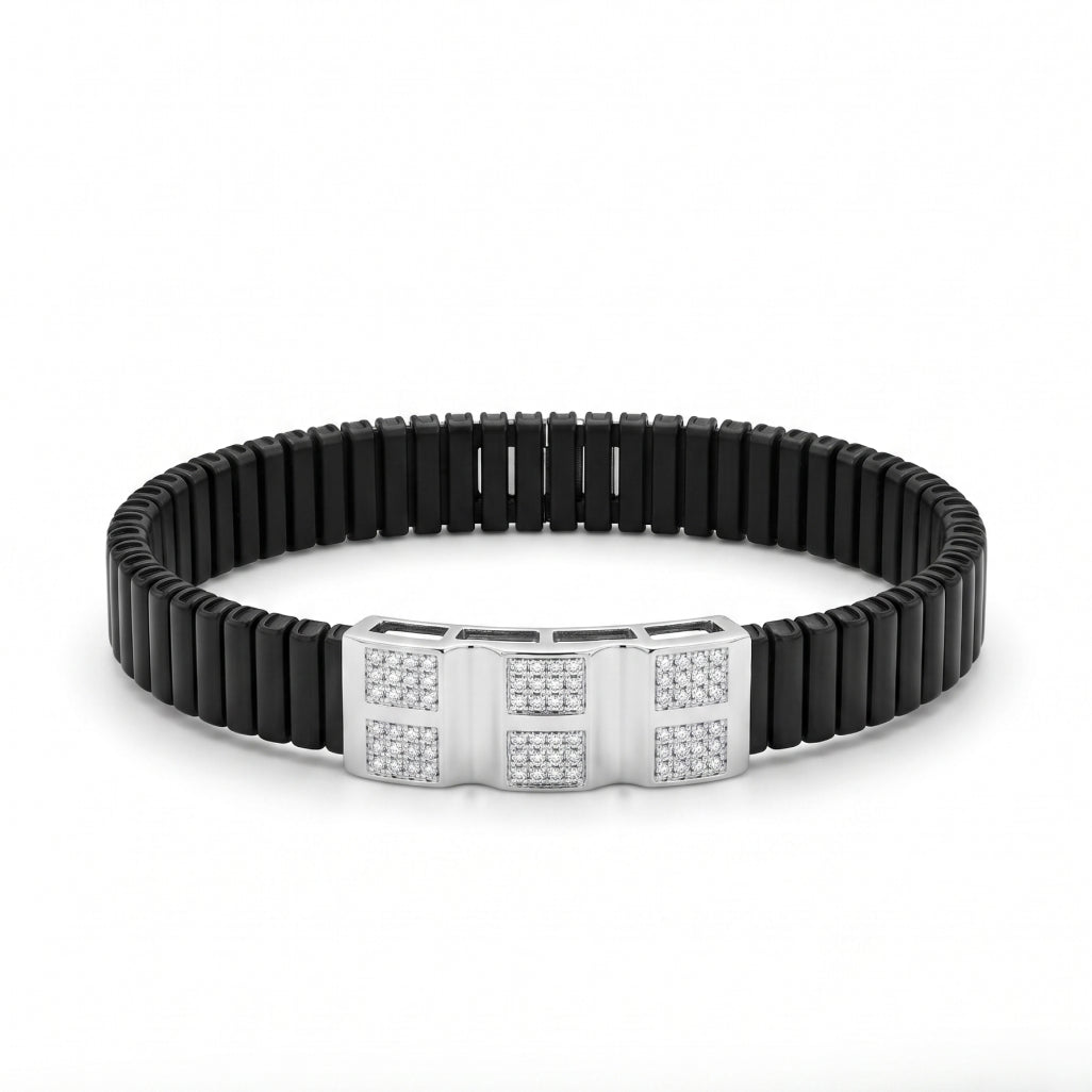 Six Square Pave Ceramic Bracelet 925 Sterling Silver