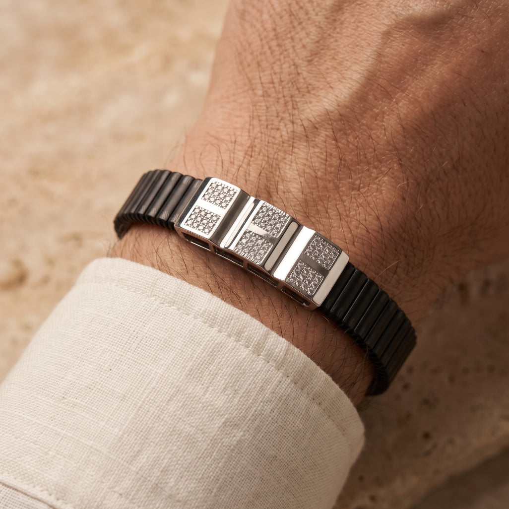 Six Square Pave Ceramic Bracelet 925 Sterling Silver