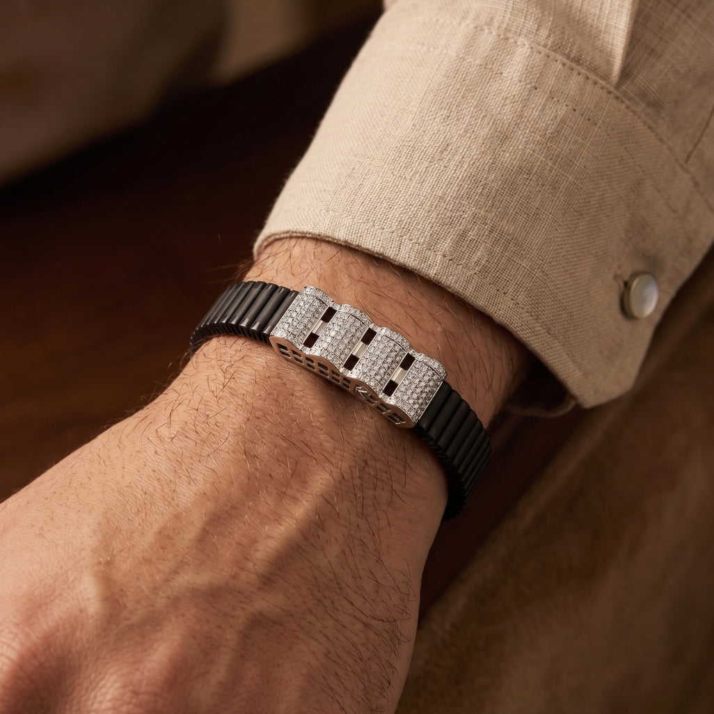 Stacked Pave Bars Ceramic Bracelet 925 Sterling Silver