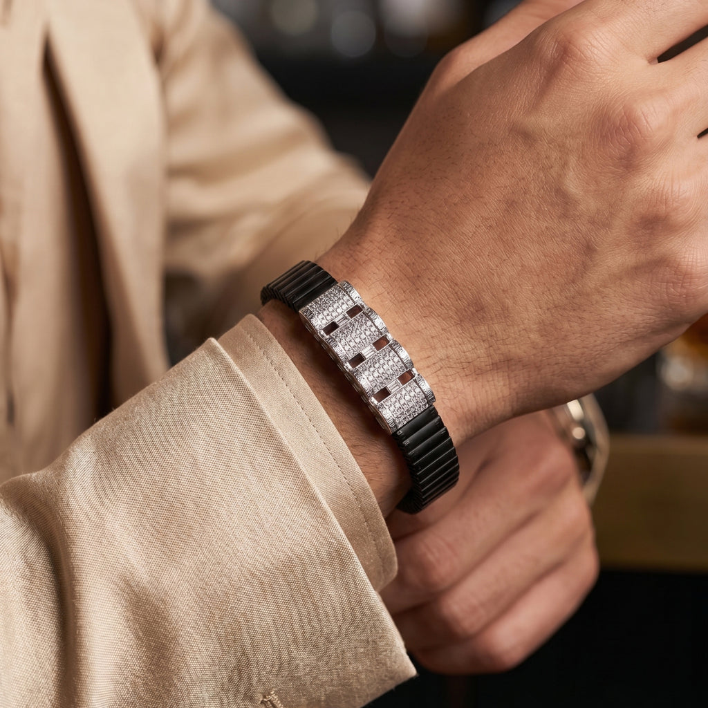 Stacked Pave Bars Ceramic Bracelet 925 Sterling Silver