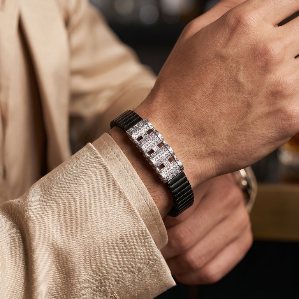 Stacked Pave Bars Ceramic Bracelet 925 Sterling Silver