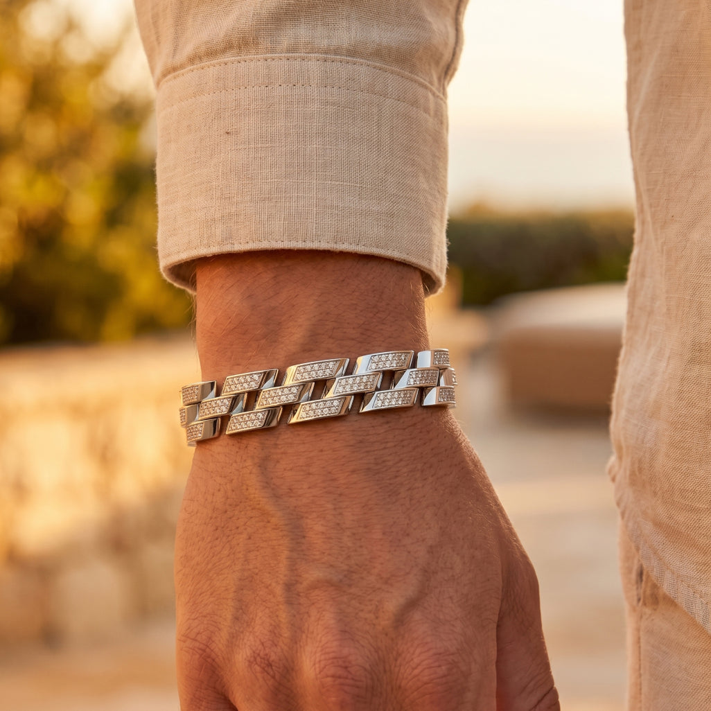 Diagonal Pave Curb Link Bracelet 925 Sterling Silver