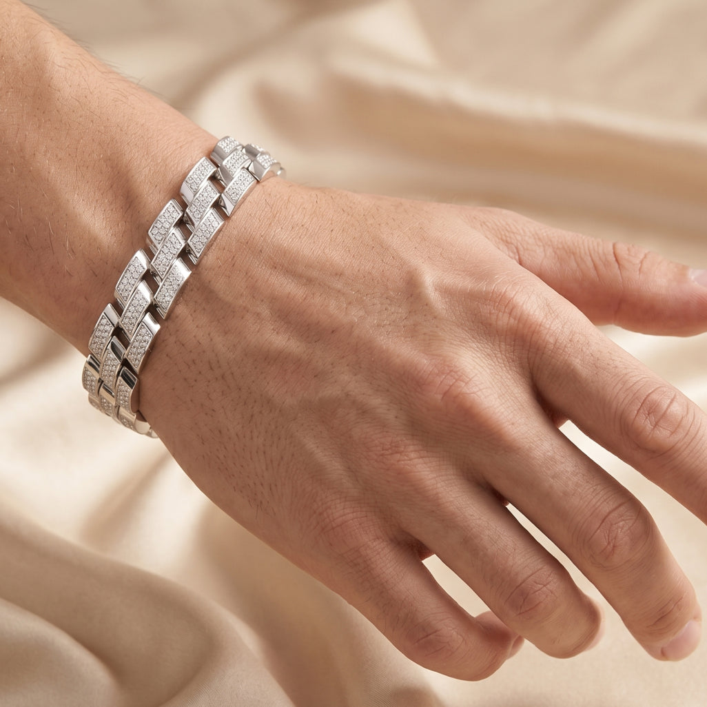 Diagonal Pave Curb Link Bracelet 925 Sterling Silver