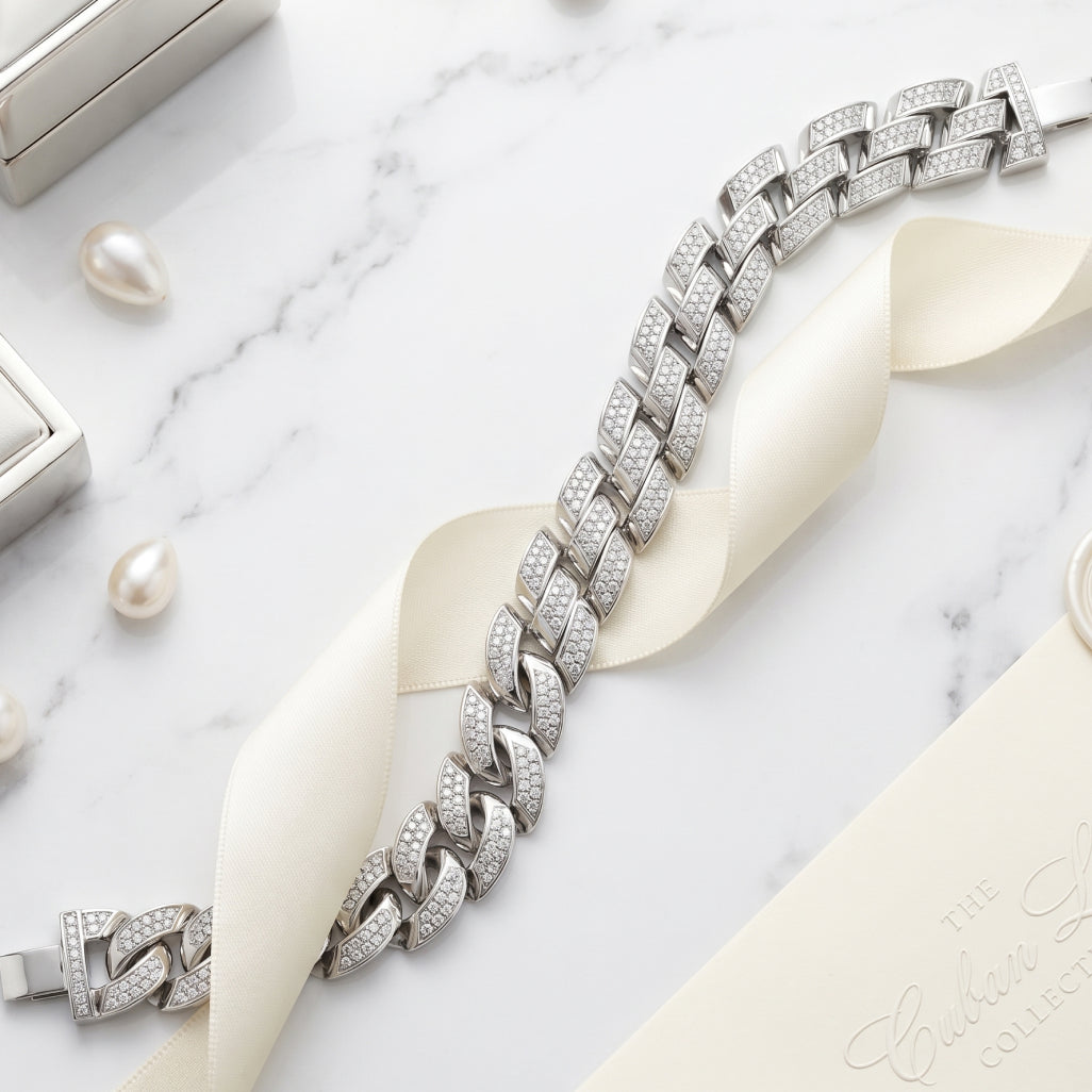Diagonal Pave Curb Link Bracelet 925 Sterling Silver