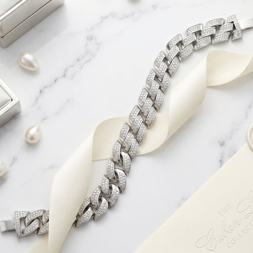 Diagonal Pave Curb Link Bracelet 925 Sterling Silver