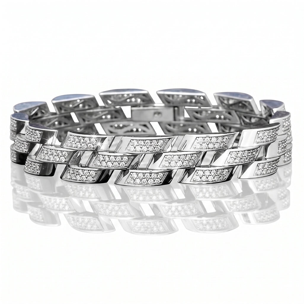 Diagonal Pave Curb Link Bracelet 925 Sterling Silver