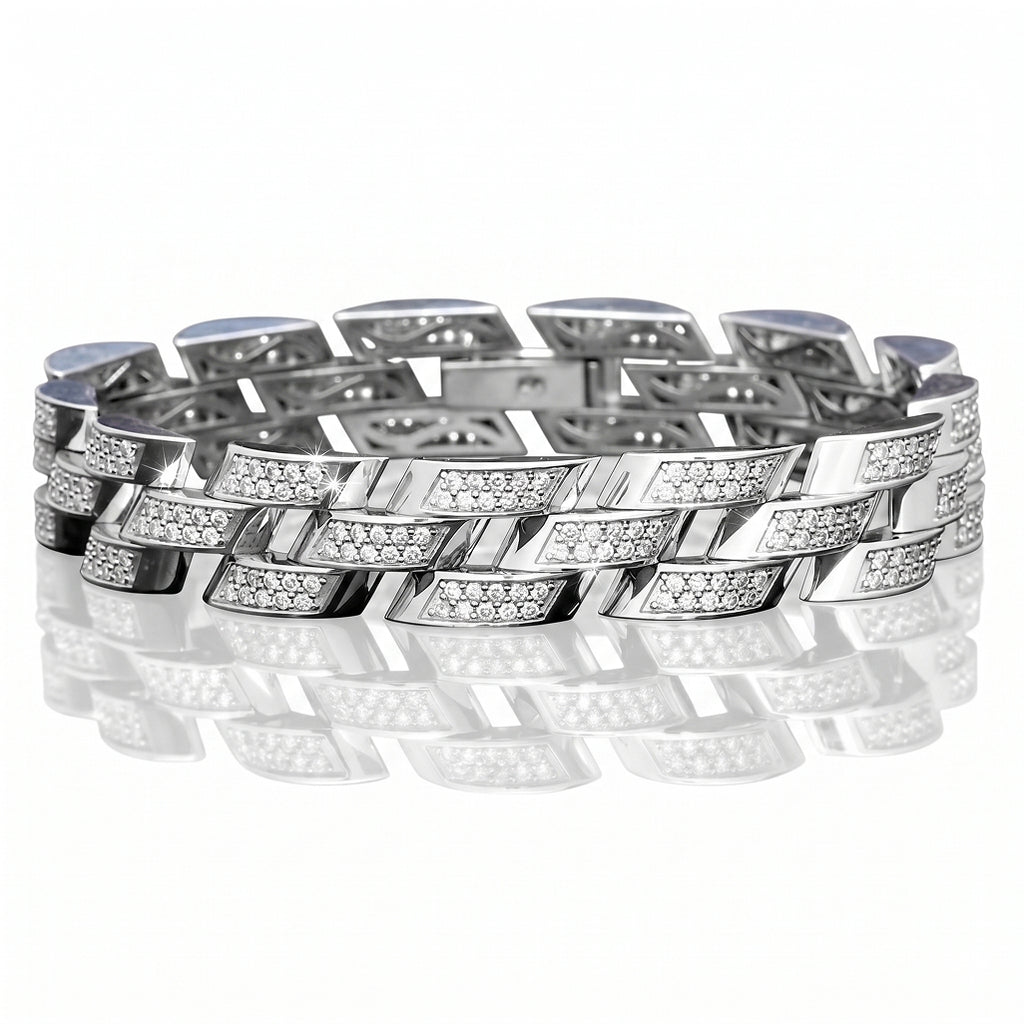 Diagonal Pave Curb Link Bracelet 925 Sterling Silver