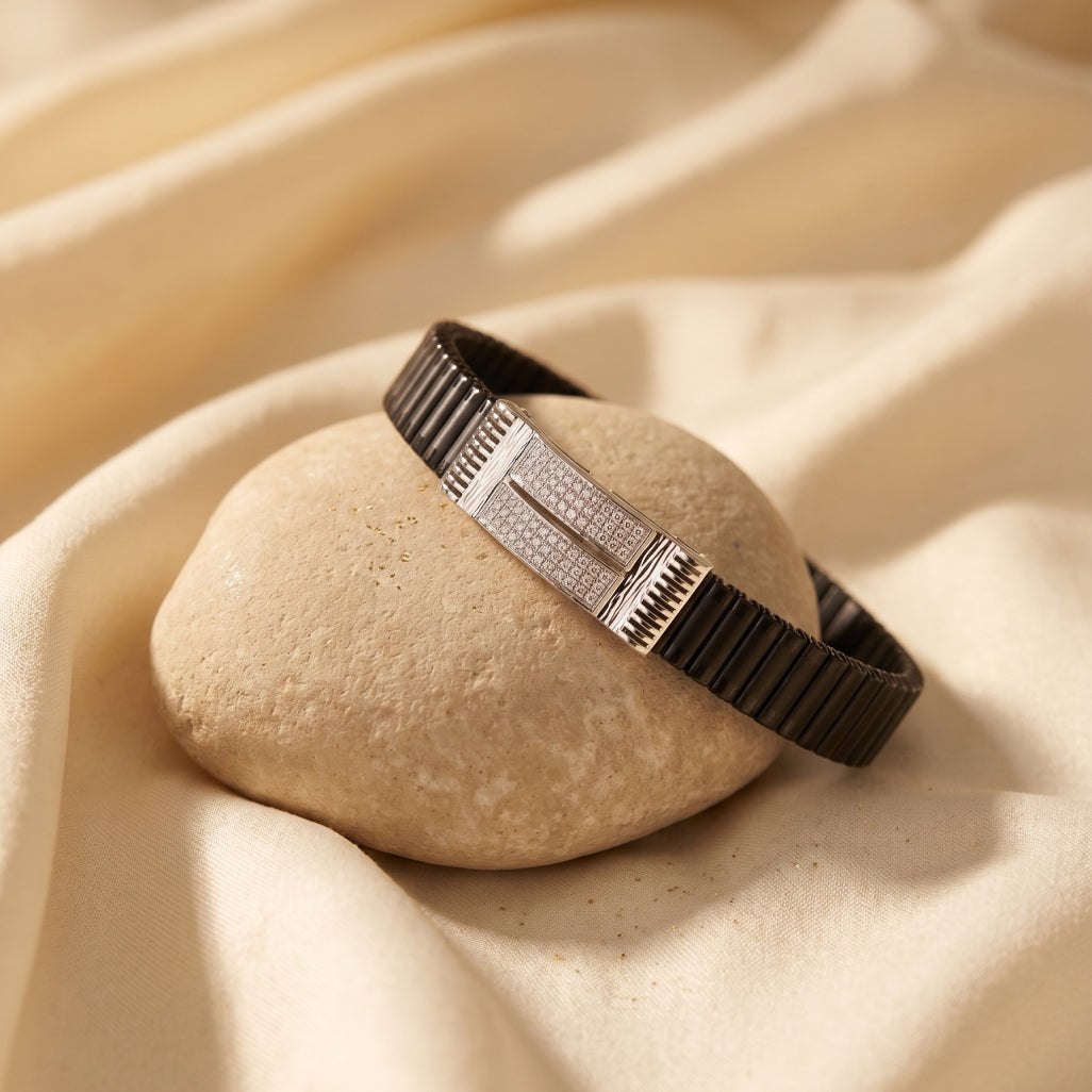 Twin Bar Pave Ceramic Bracelet 925 Sterling Silver