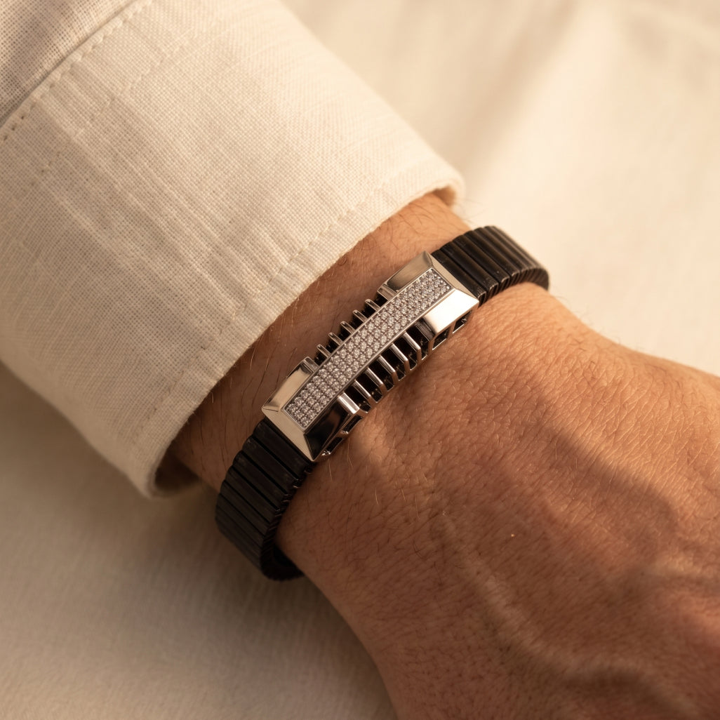 Cage Bar Pave Ceramic Bracelet 925 Sterling Silver