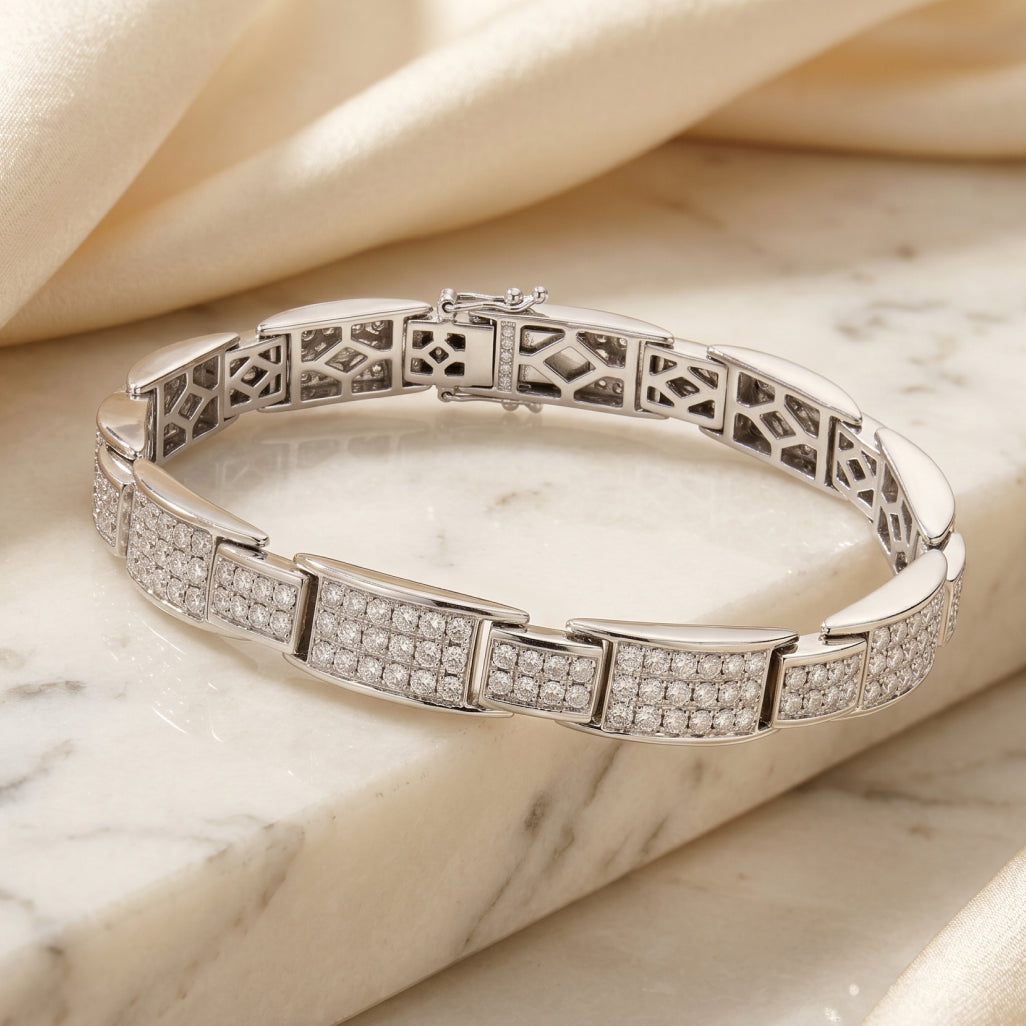 Wide Pave Link Bracelet 925 Sterling Silver