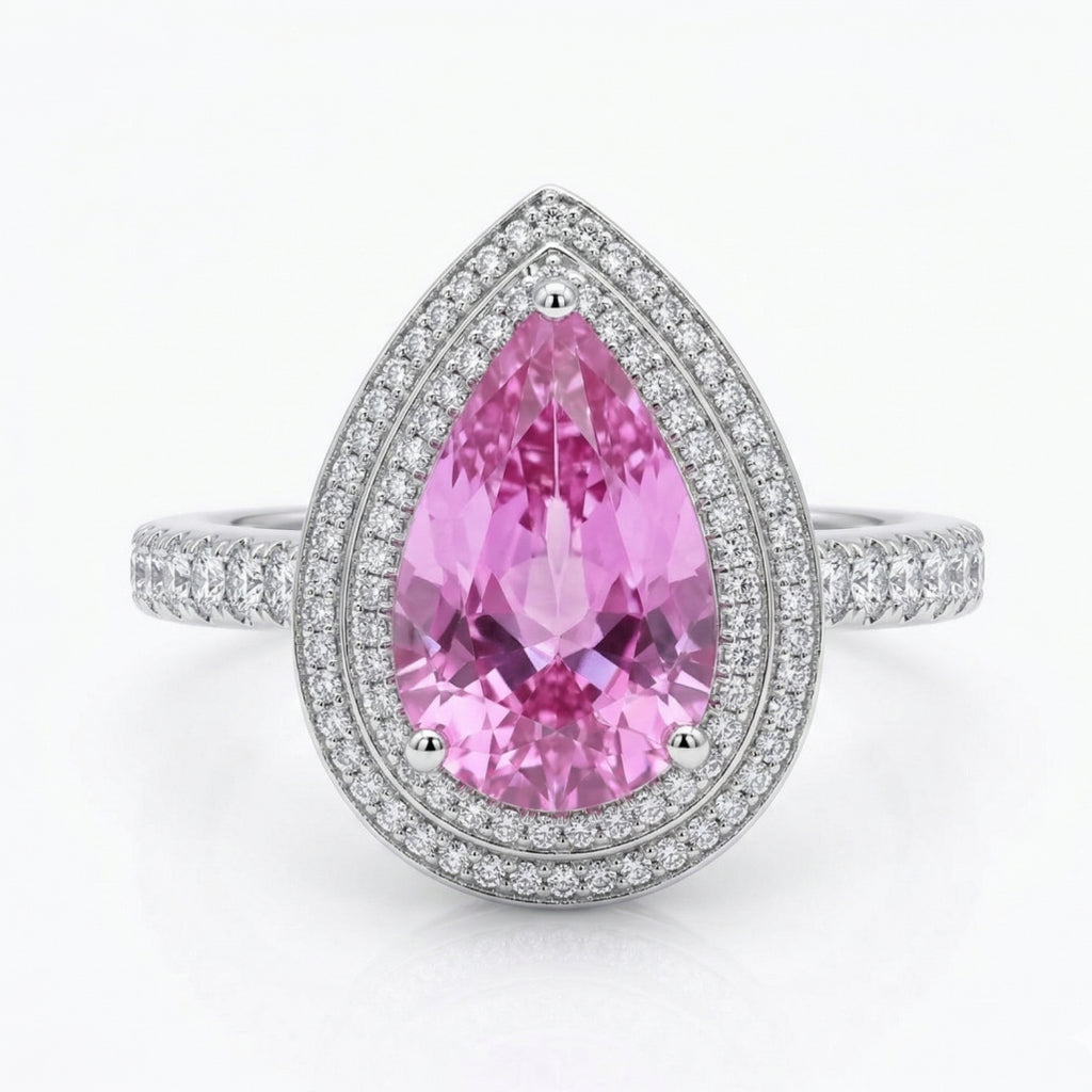 Pink Teardrop Halo Statement Ring 925 Silver