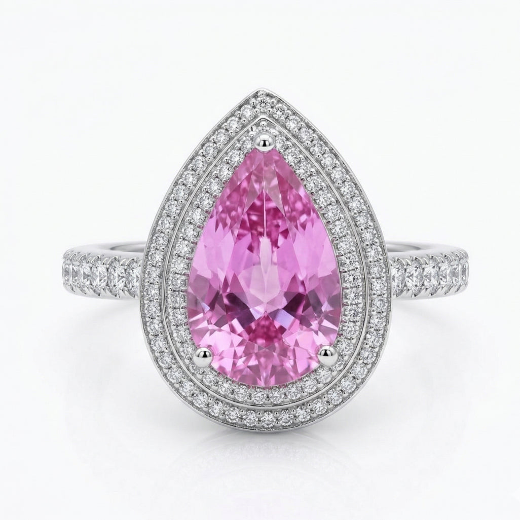 Pink Teardrop Halo Statement Ring 925 Silver