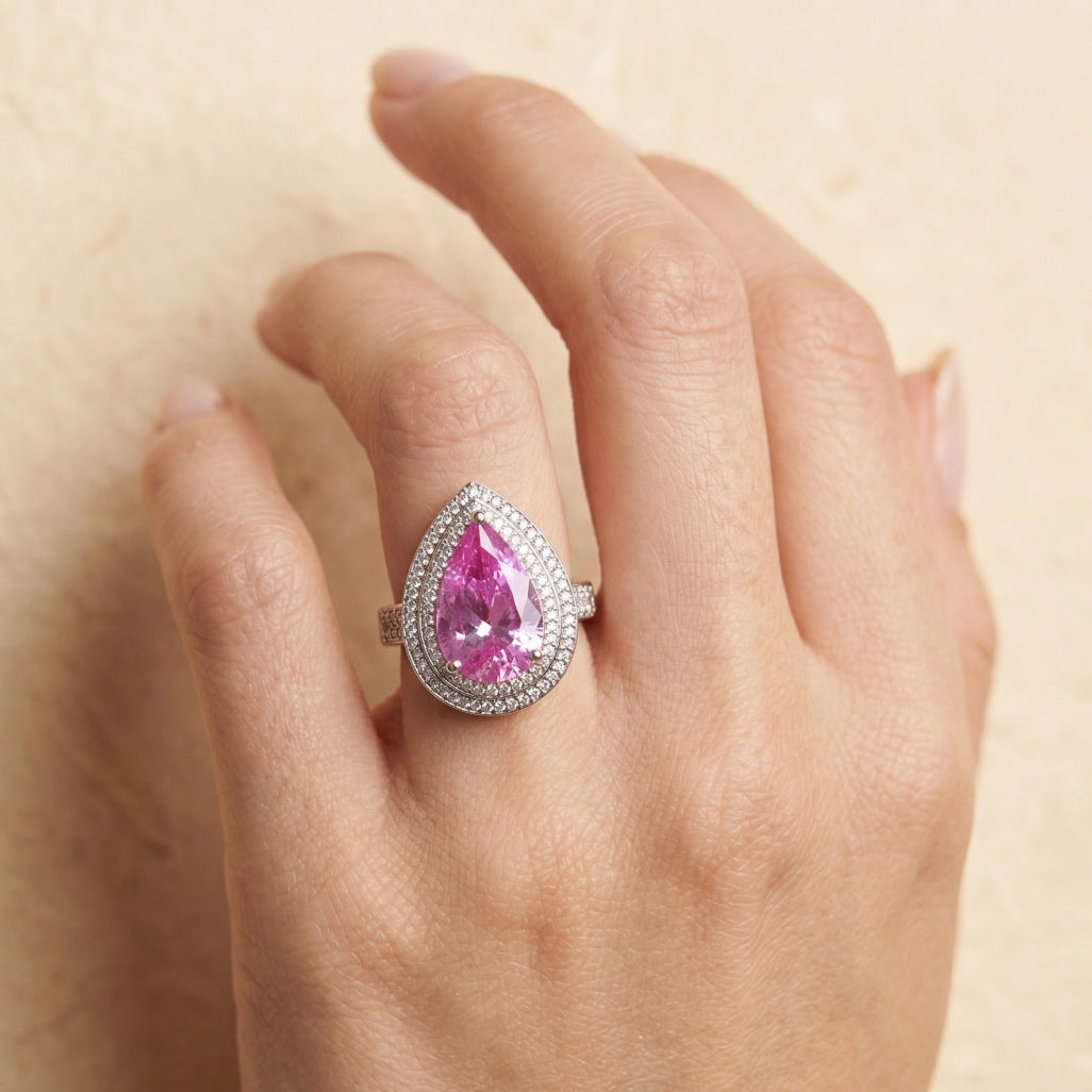 Pear Cut Pink Halo Statement Ring