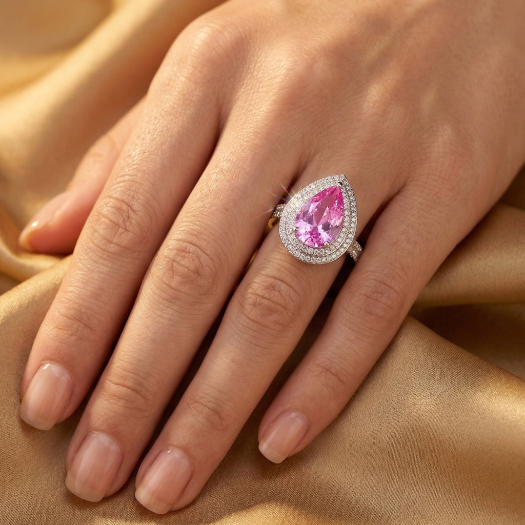 Pink Teardrop Halo Statement Ring 925 Silver